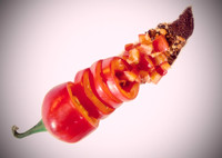 Conceptual image for the various ways in which we consume red chilis. Whole, sliced, diced, crushed, and ground.