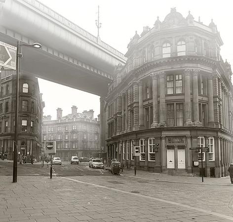 Looking under the A167 or Tyne Bridge in Newcastle, England on a typical UK foggy morning.