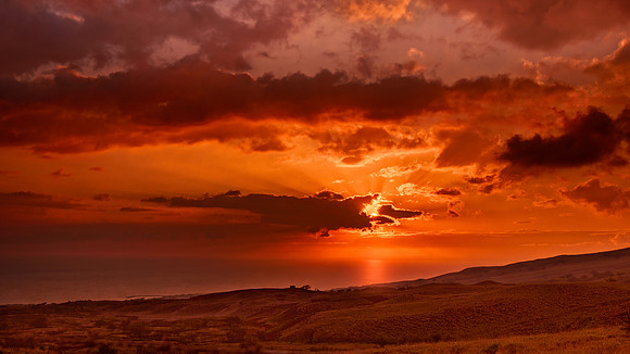 Sunset looking out over the Pacific toward Maui from the Big Island in the foothills of Mauna Kea.