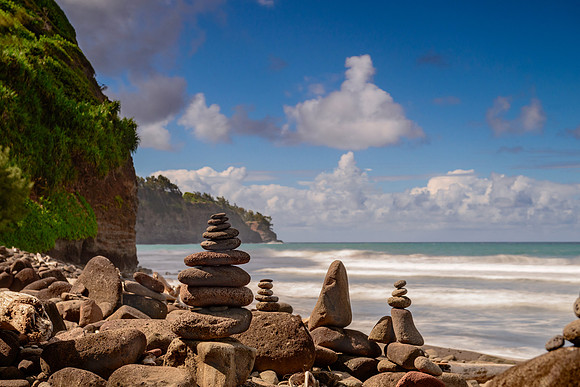 Rock stacks on the beach in Pololu Valley looking out on the Pacific to the northwest.
