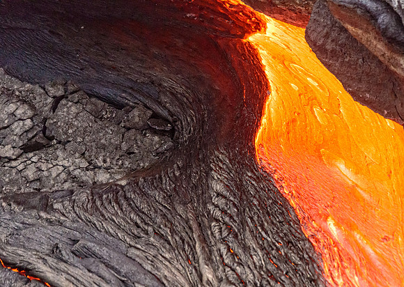 Pahoehoe lava flows from Pu'u O'o crater on Kilauea Volcano's southeast rift zone. Taken overhead from a helicopter.
