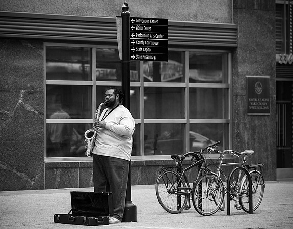 Spotted this guy playing his sax at lunchtime in downtown Raleigh, North Carolina; not far from where I work.