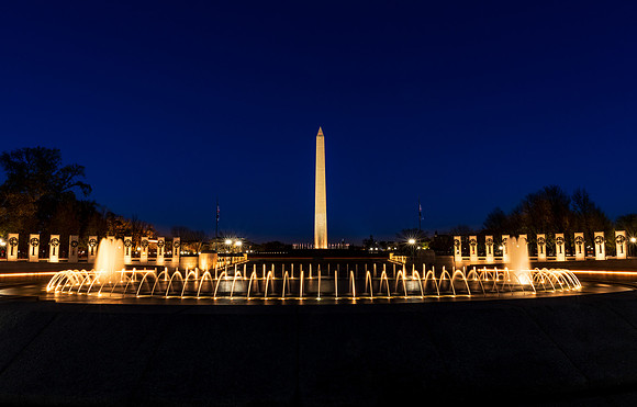 Looking across the World War II Memorial fountain to the Washington Monument.