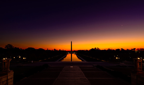 Looking across the reflecting pool to the Washington Monument from the Lincoln Memorial.