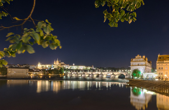 The Charles Bridge crossing the Vltava River in central Prague.