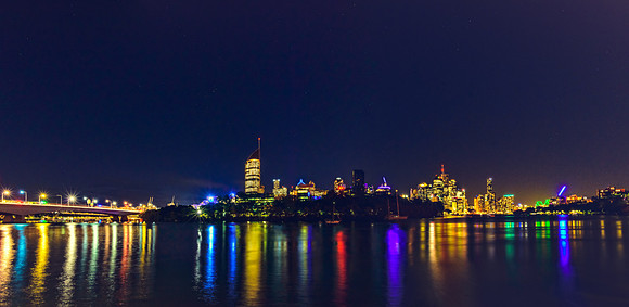 A look at the Brisbane night skyline from Kangaroo Point across the Brisbane River.